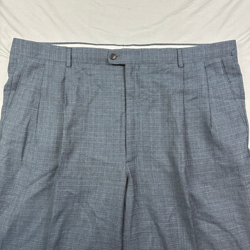 Zanella Dress Trousers 40x30 Blue Crosshatch Pleated Cuffed Wool Super 100s